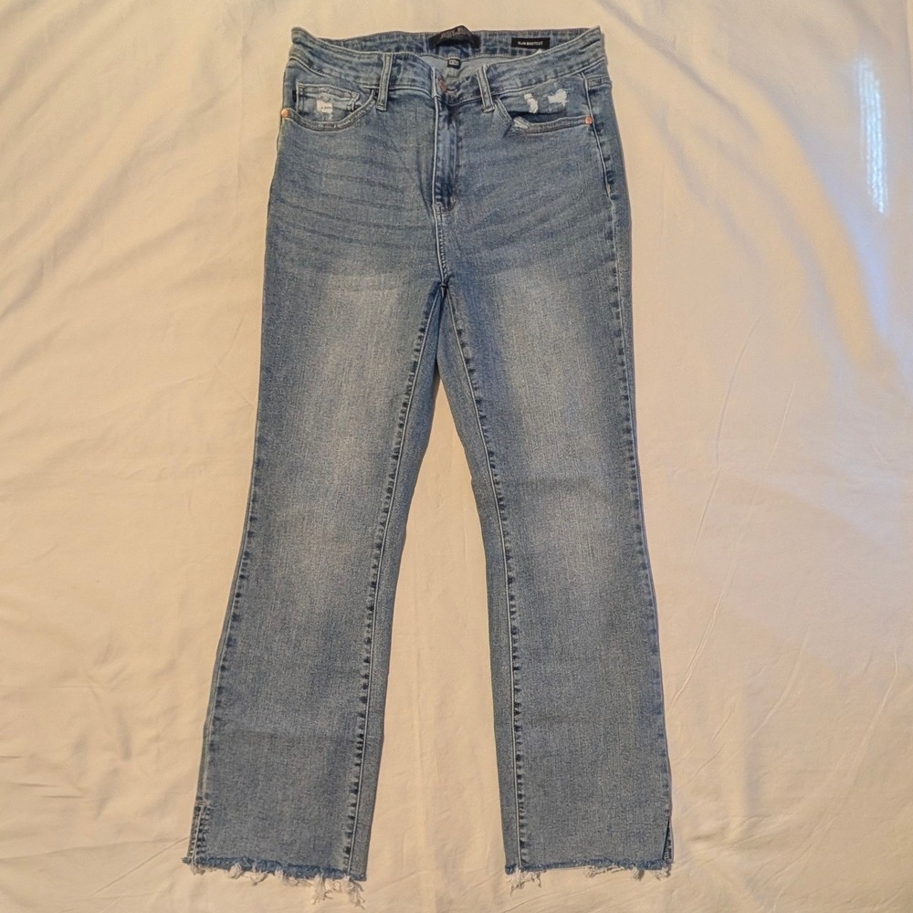 Judy Blue Slim Bootcut Distressed Frayed Hem Jeans Women's Medium Wash 13/31